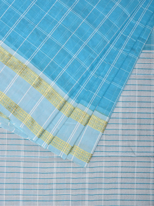 Light Blue Bamboo Cotton Saree with Big Checks and Doby Border Design bc0132