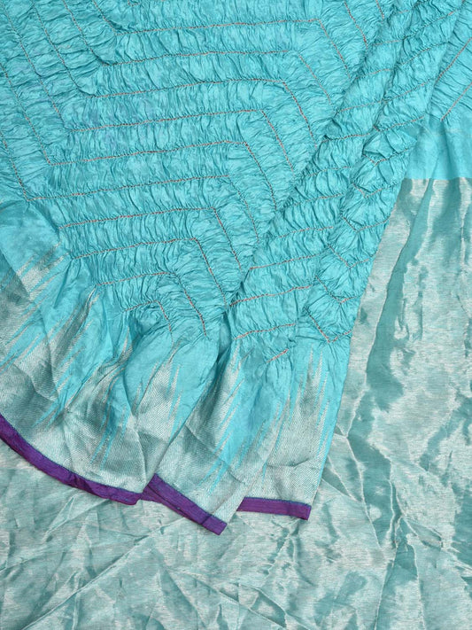 Light Blue Bandhani Kanchipuram Silk Handloom Saree with Temple Border Design bn0316