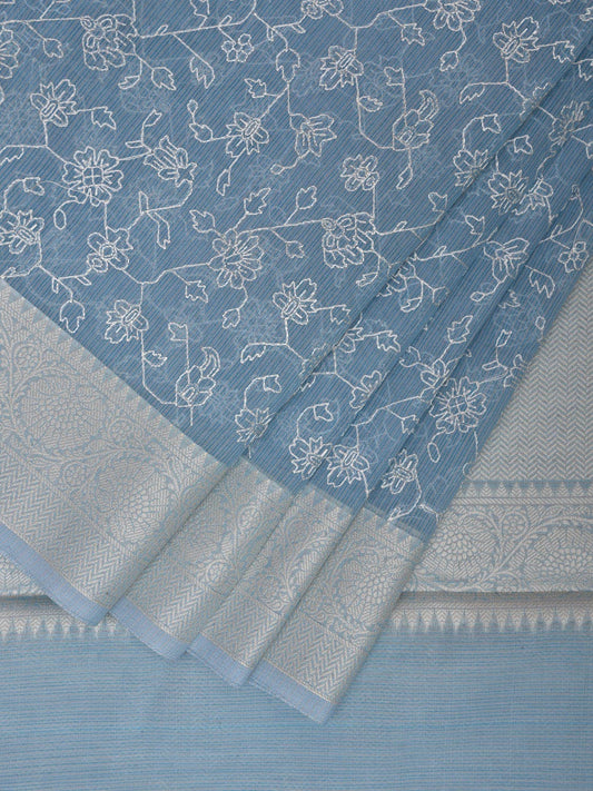 Light Blue Dhakai Jamdani Cotton Viscose Saree with Floral Embroidary Design dj0082