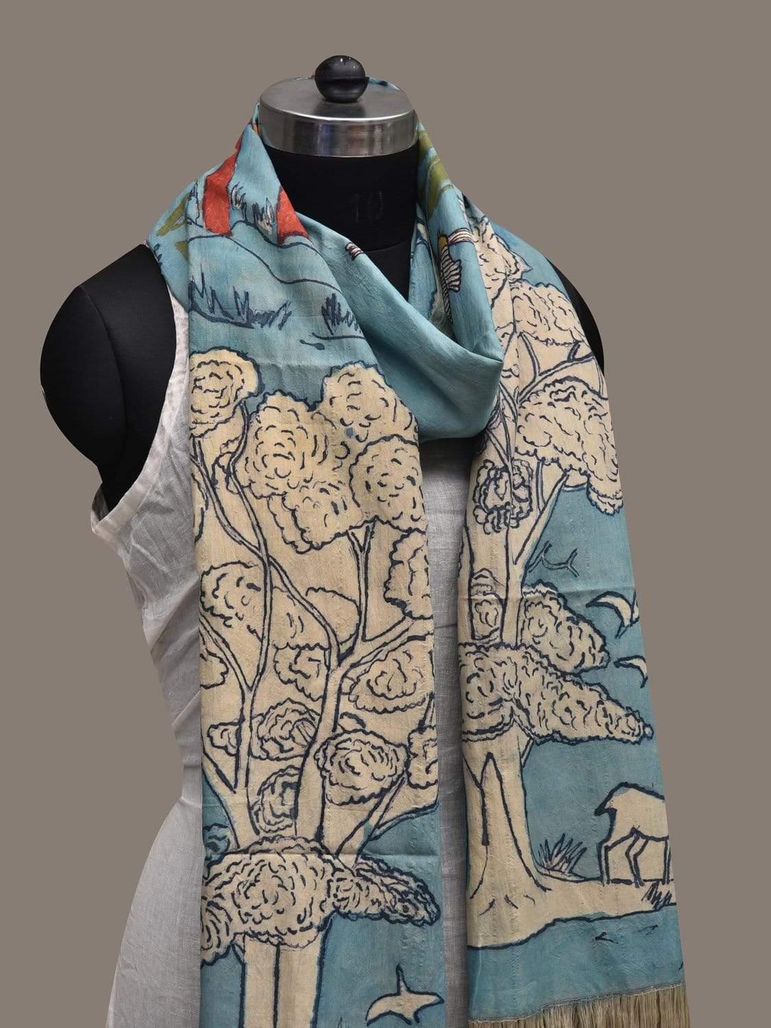 Light Blue Kalamkari Hand Painted Cotton Handloom Dupatta with Trees and Birds Design ds2552