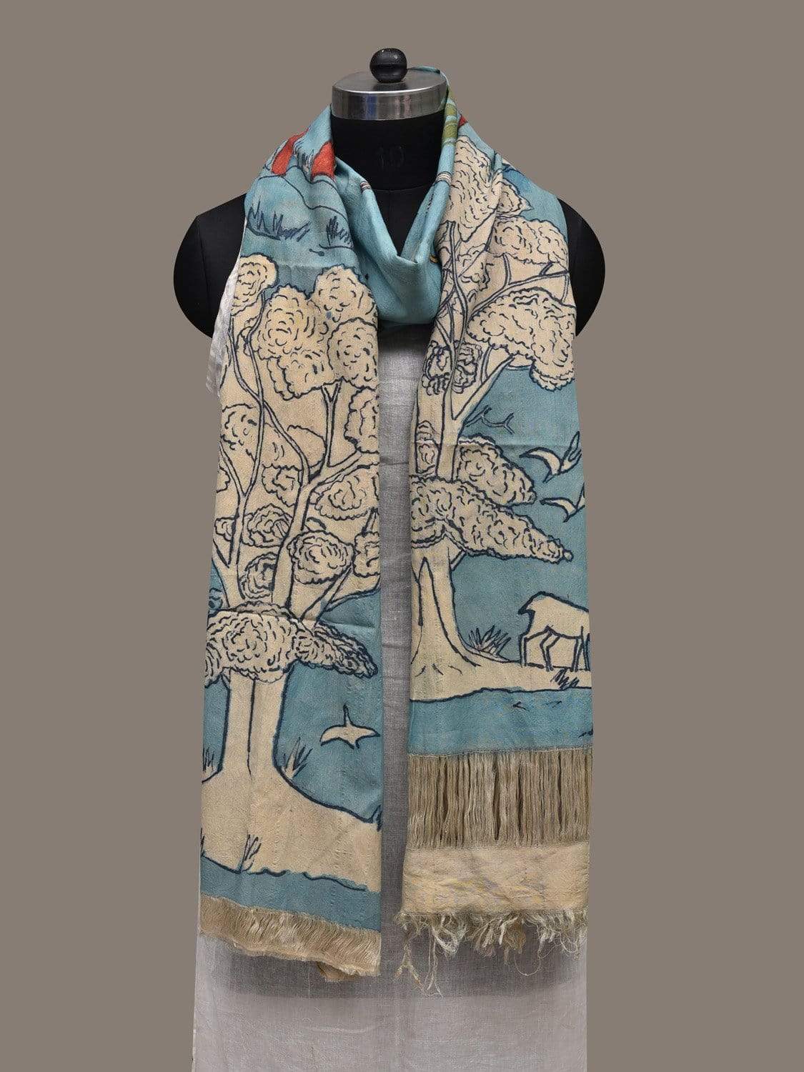 Light Blue Kalamkari Hand Painted Cotton Handloom Dupatta with Trees and Birds Design ds2552