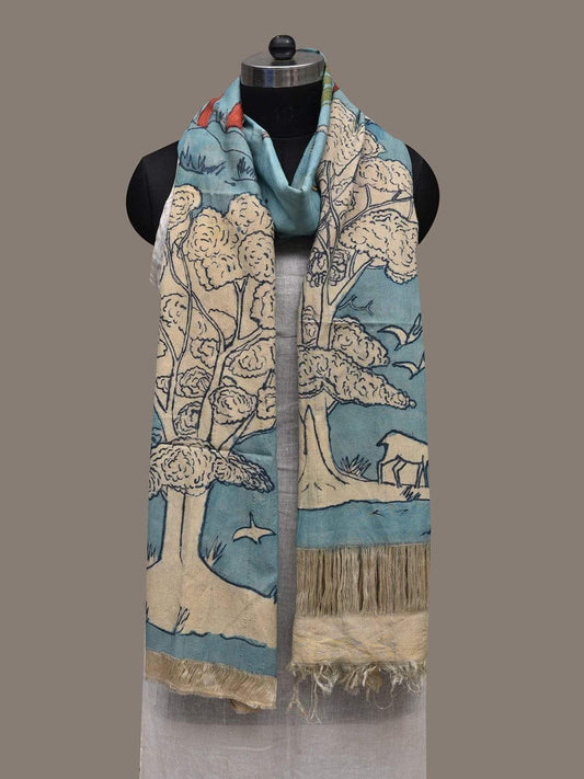 Light Blue Kalamkari Hand Painted Cotton Handloom Dupatta with Trees and Birds Design ds2552