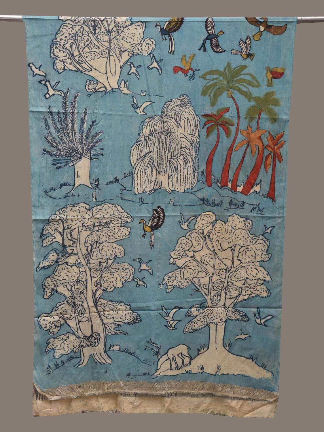 Light Blue Kalamkari Hand Painted Cotton Handloom Dupatta with Trees and Birds Design ds2552