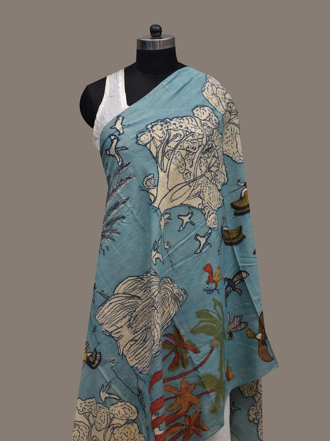 Light Blue Kalamkari Hand Painted Cotton Handloom Dupatta with Trees and Birds Design ds2552