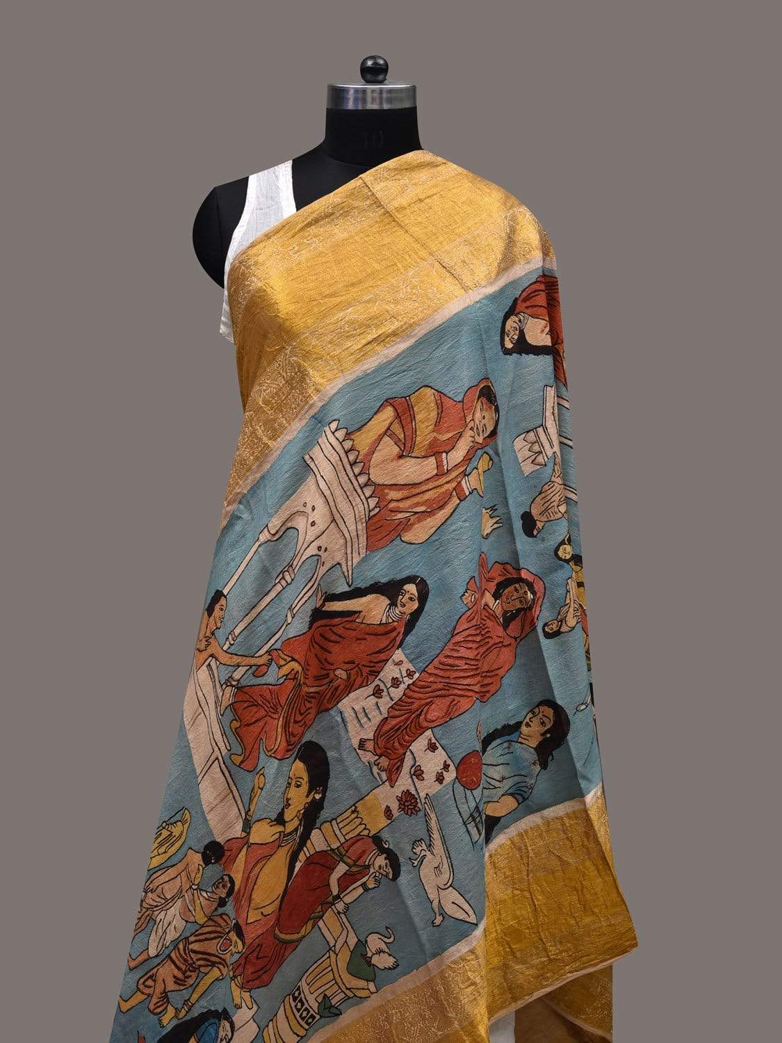 Light Blue Kalamkari Hand Painted Kanchipuram Silk Handloom Dupatta with Painting Design ds2430