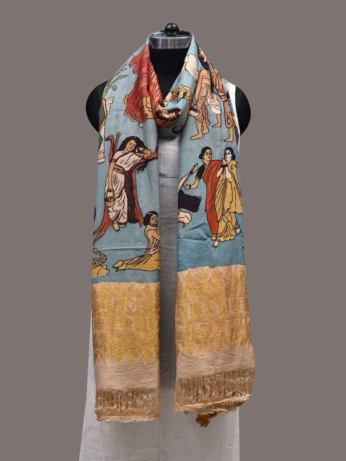 Light Blue Kalamkari Hand Painted Kanchipuram Silk Handloom Dupatta with Painting Design ds2430