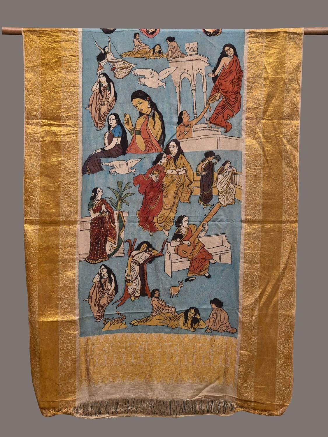 Light Blue Kalamkari Hand Painted Kanchipuram Silk Handloom Dupatta with Painting Design ds2430