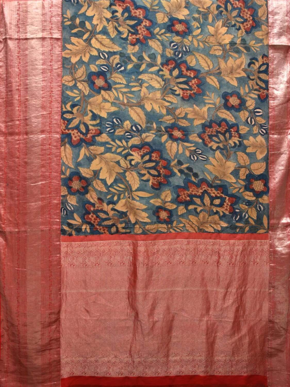 Light Blue Kalamkari Hand Painted Kanchipuram Silk Handloom Saree with Big Flowers Design KL0432
