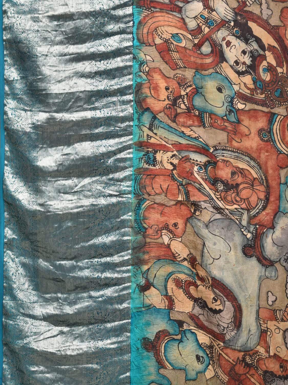Light Blue Kalamkari Hand Painted Kanchipuram Silk Handloom Saree with Krishna and Cows Design KL0430