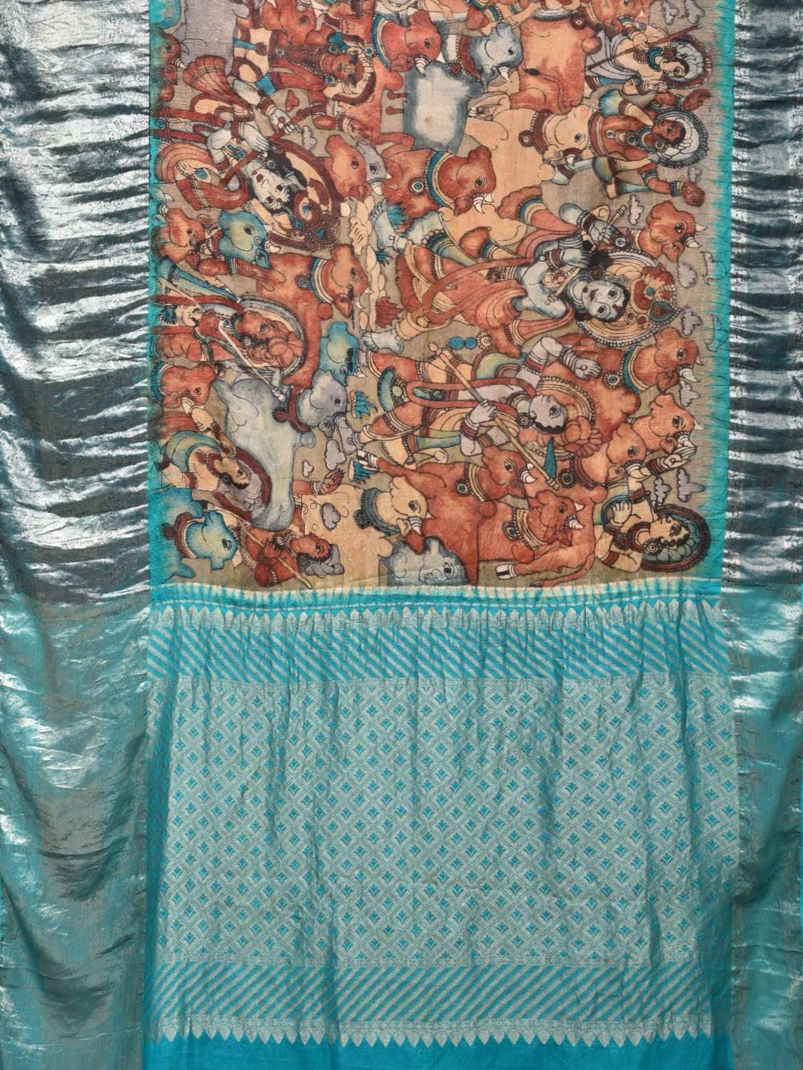 Light Blue Kalamkari Hand Painted Kanchipuram Silk Handloom Saree with Krishna and Cows Design KL0430