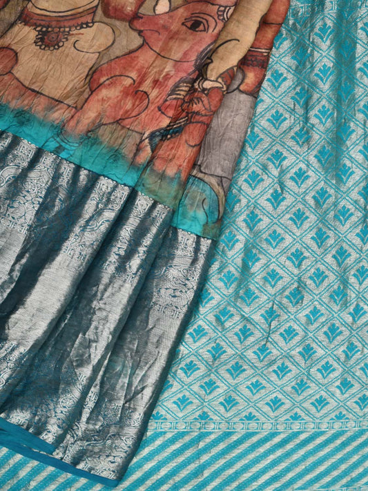 Light Blue Kalamkari Hand Painted Kanchipuram Silk Handloom Saree with Krishna and Cows Design KL0430