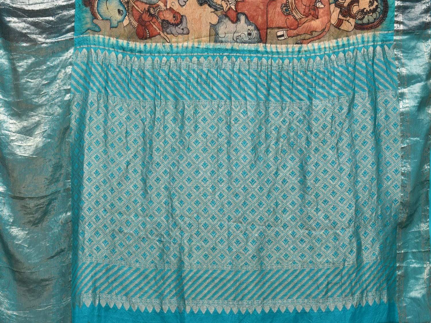 Light Blue Kalamkari Hand Painted Kanchipuram Silk Handloom Saree with Krishna and Cows Design KL0430