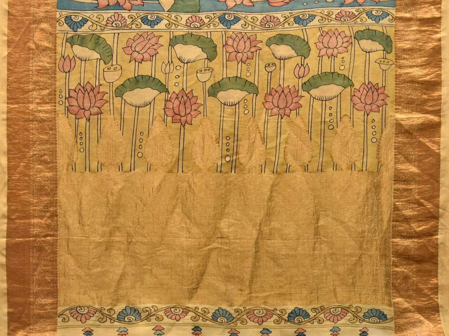 Light Blue Kalamkari Hand Painted Kanchipuram Silk Handloom Saree with Lotus Flowers Design KL0423