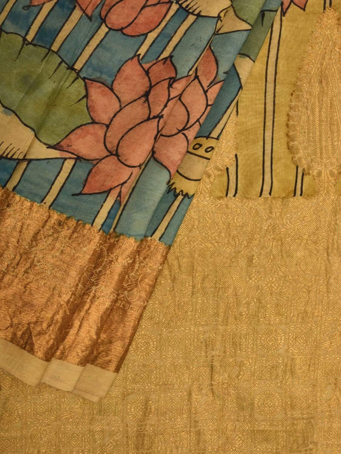 Light Blue Kalamkari Hand Painted Kanchipuram Silk Handloom Saree with Lotus Flowers Design KL0423