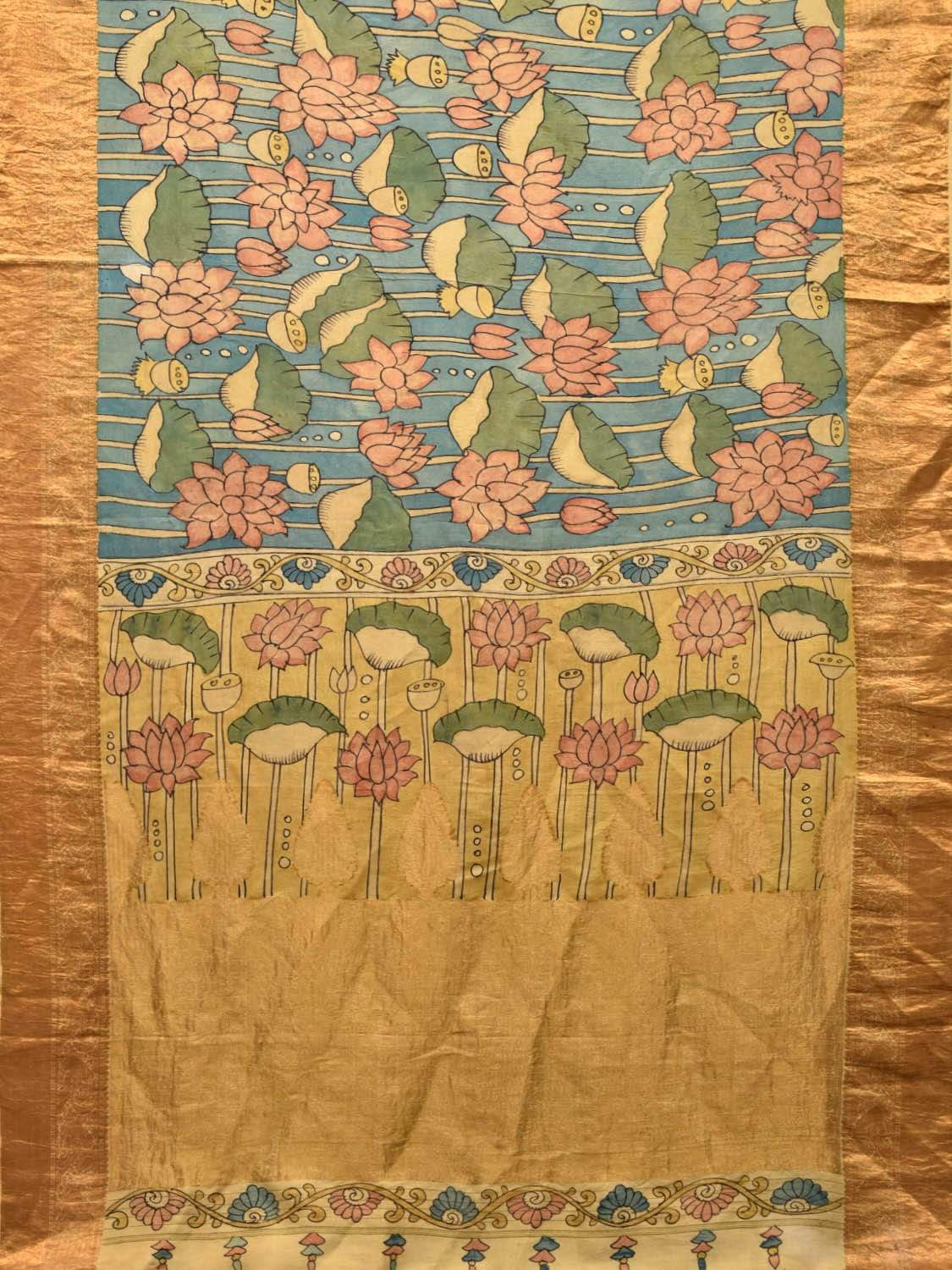 Light Blue Kalamkari Hand Painted Kanchipuram Silk Handloom Saree with Lotus Flowers Design KL0423