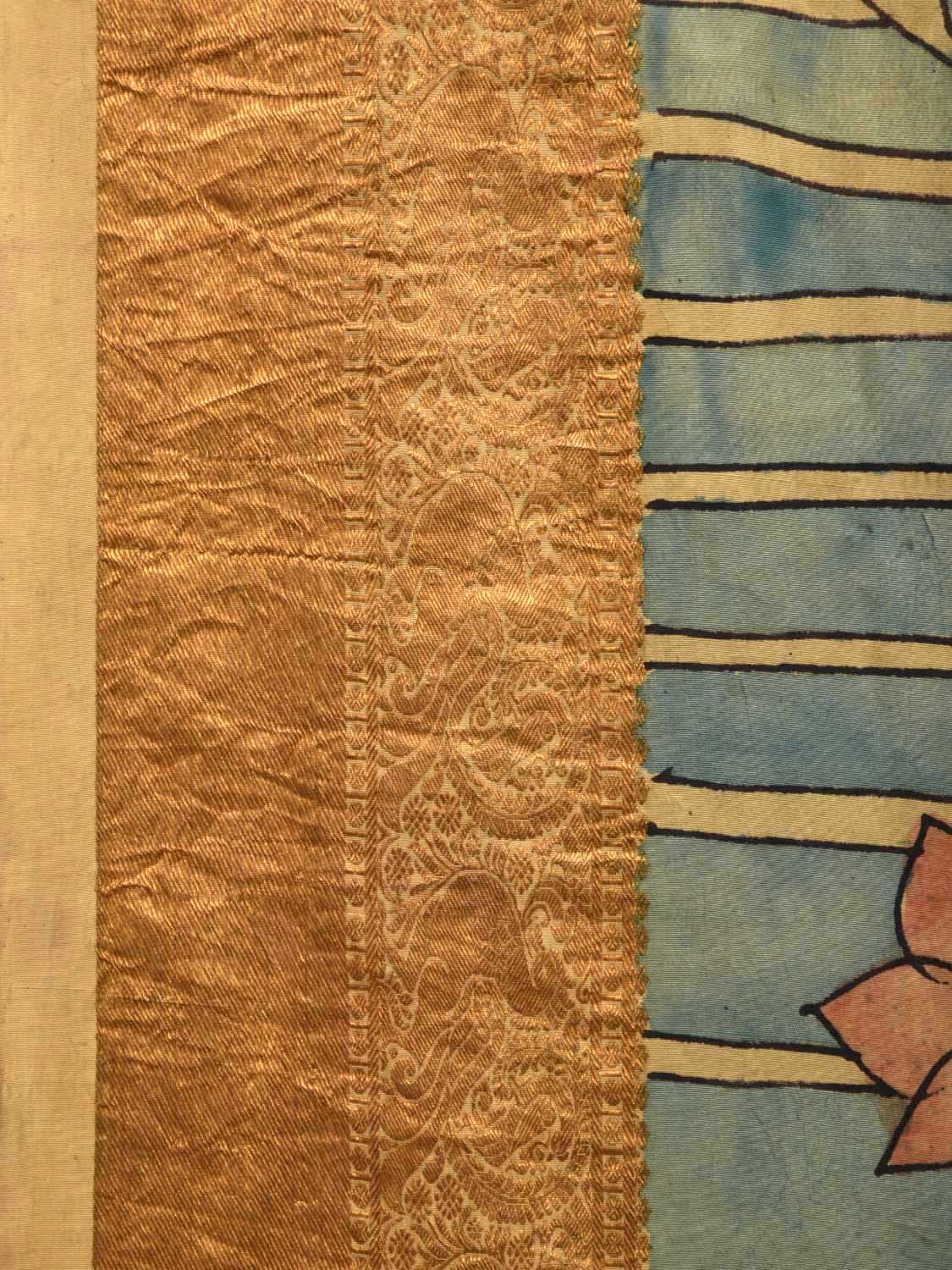 Light Blue Kalamkari Hand Painted Kanchipuram Silk Handloom Saree with Lotus Flowers Design KL0423