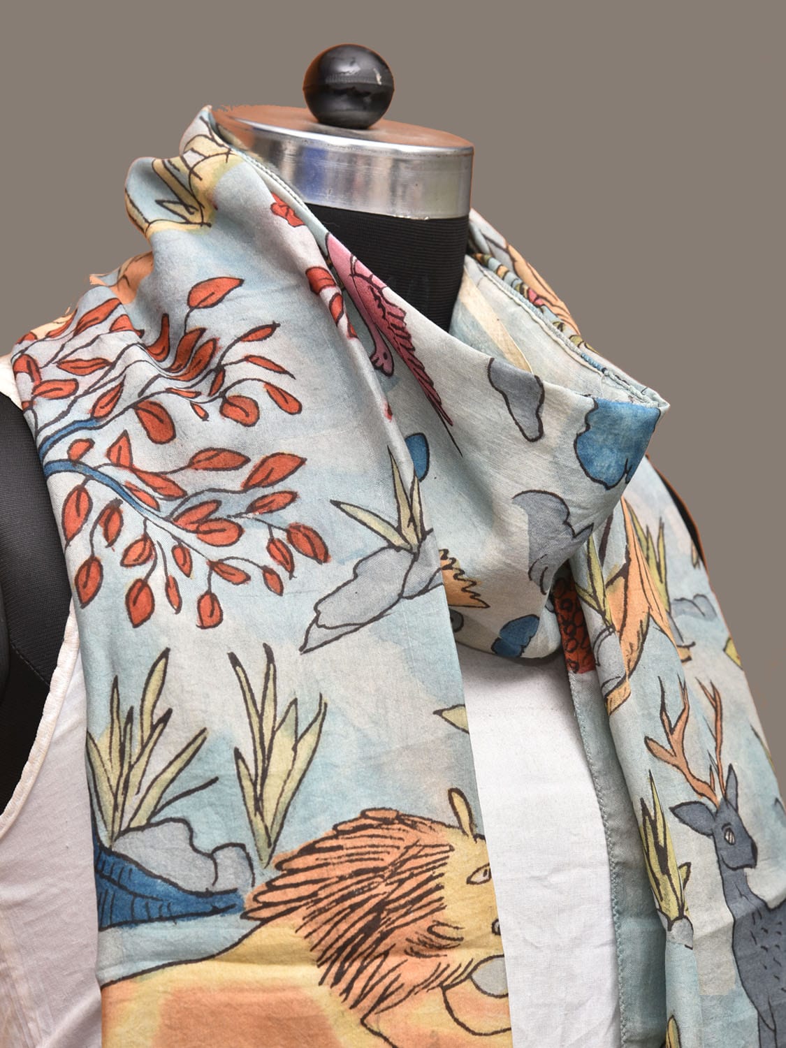Light Blue Kalamkari Hand Painted Sico Stole with Animals and Birds Design ds3266