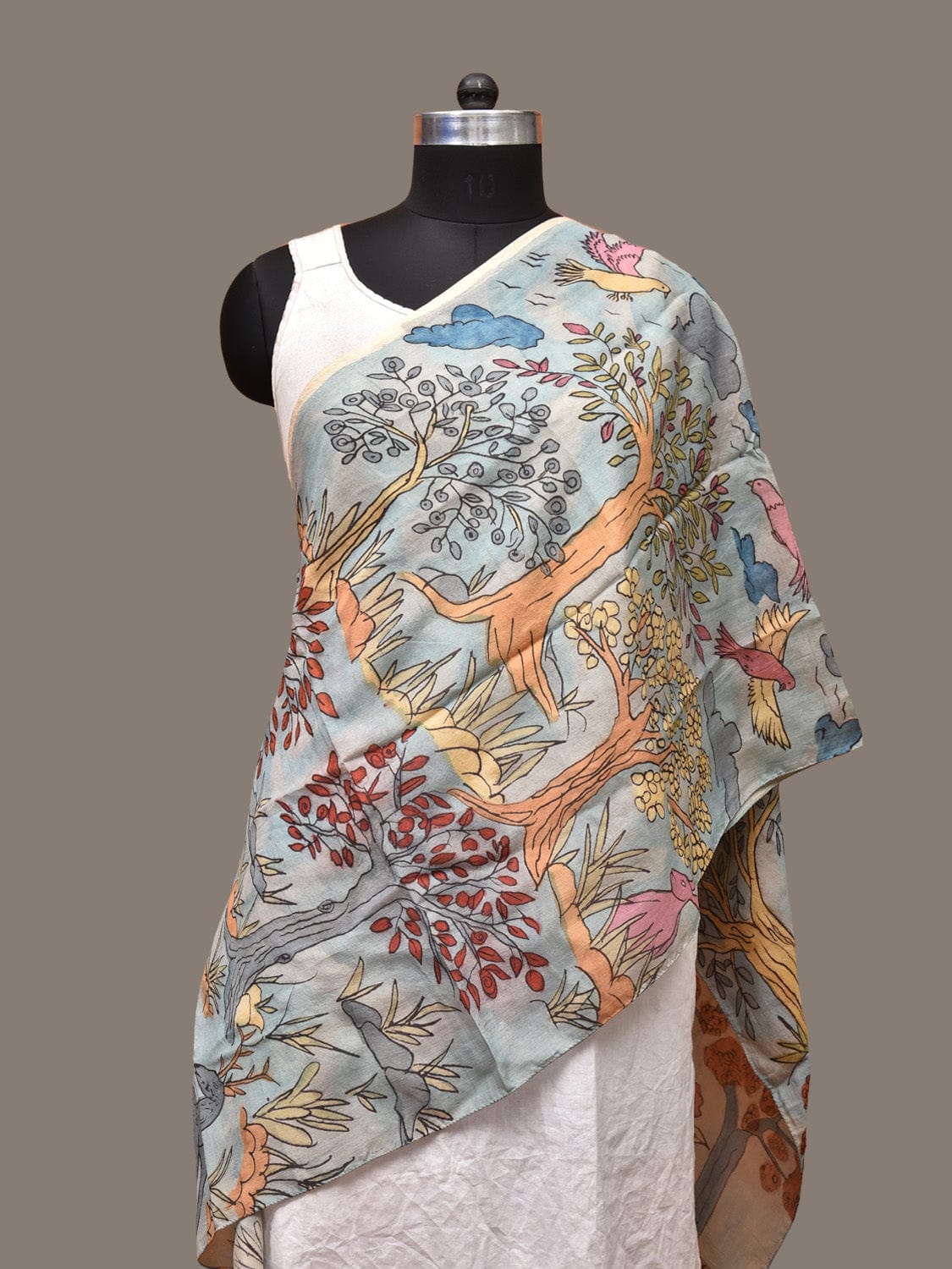 Light Blue Kalamkari Hand Painted Sico Stole with Animals and Birds Design ds3266