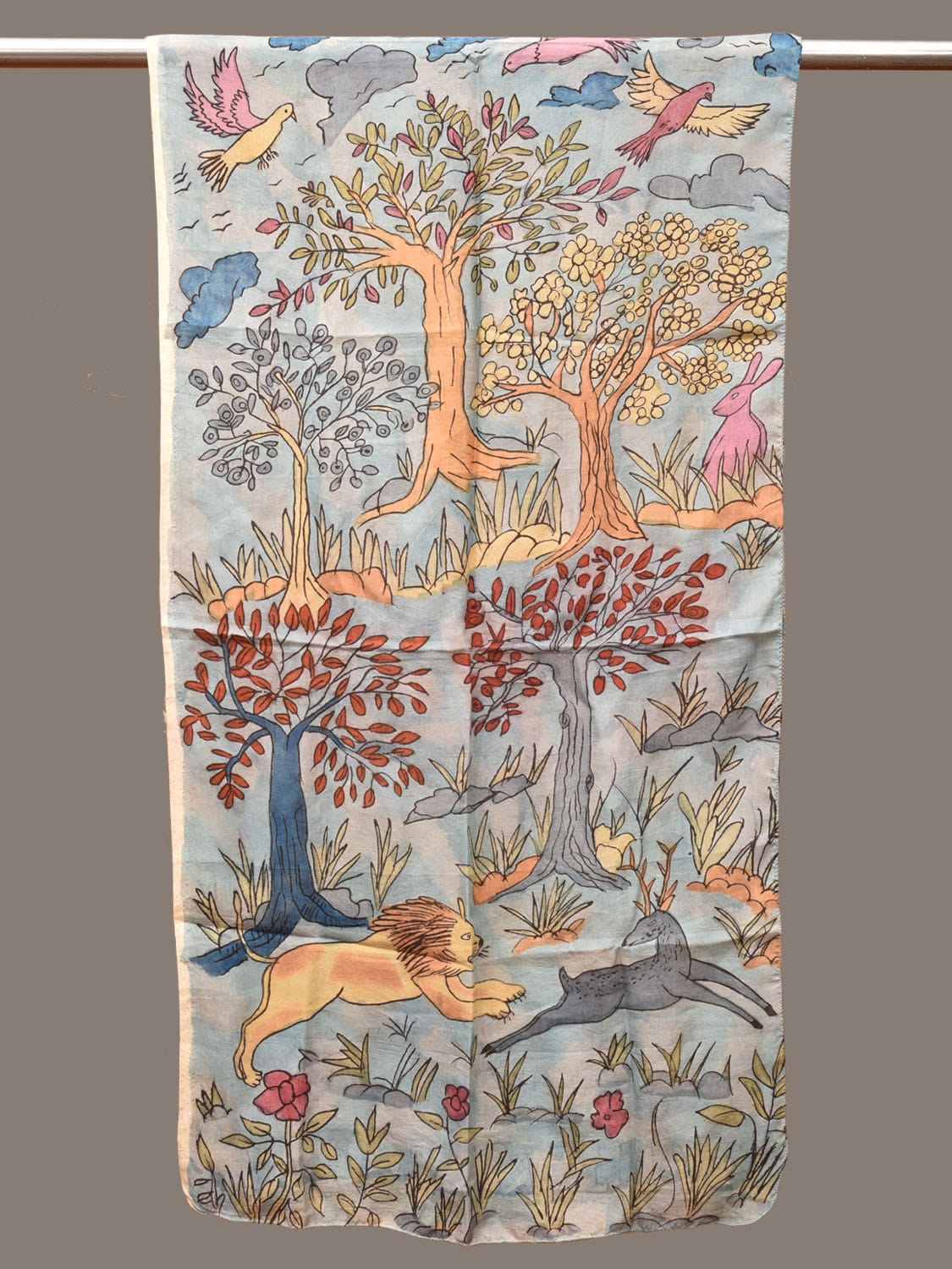Light Blue Kalamkari Hand Painted Sico Stole with Animals and Birds Design ds3266
