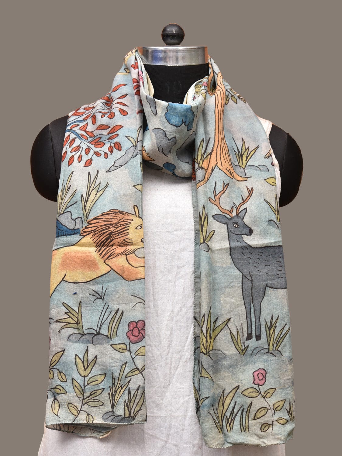 Light Blue Kalamkari Hand Painted Sico Stole with Animals and Birds Design ds3266