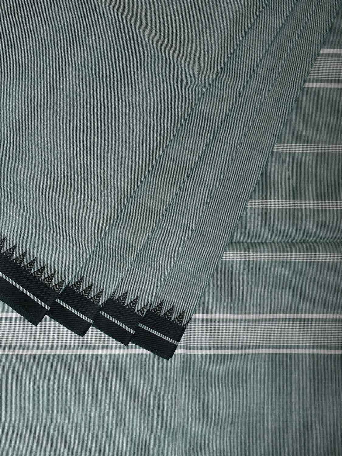 Light Blue Kanchipuram Cotton Plain Saree with Strips Pallu Design Kalamkari Blouse k0833