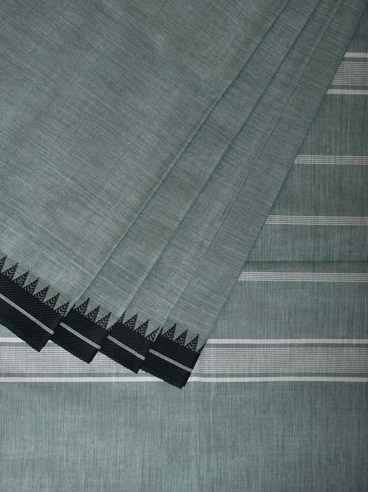 Light Blue Kanchipuram Cotton Plain Saree with Strips Pallu Design Kalamkari Blouse k0833