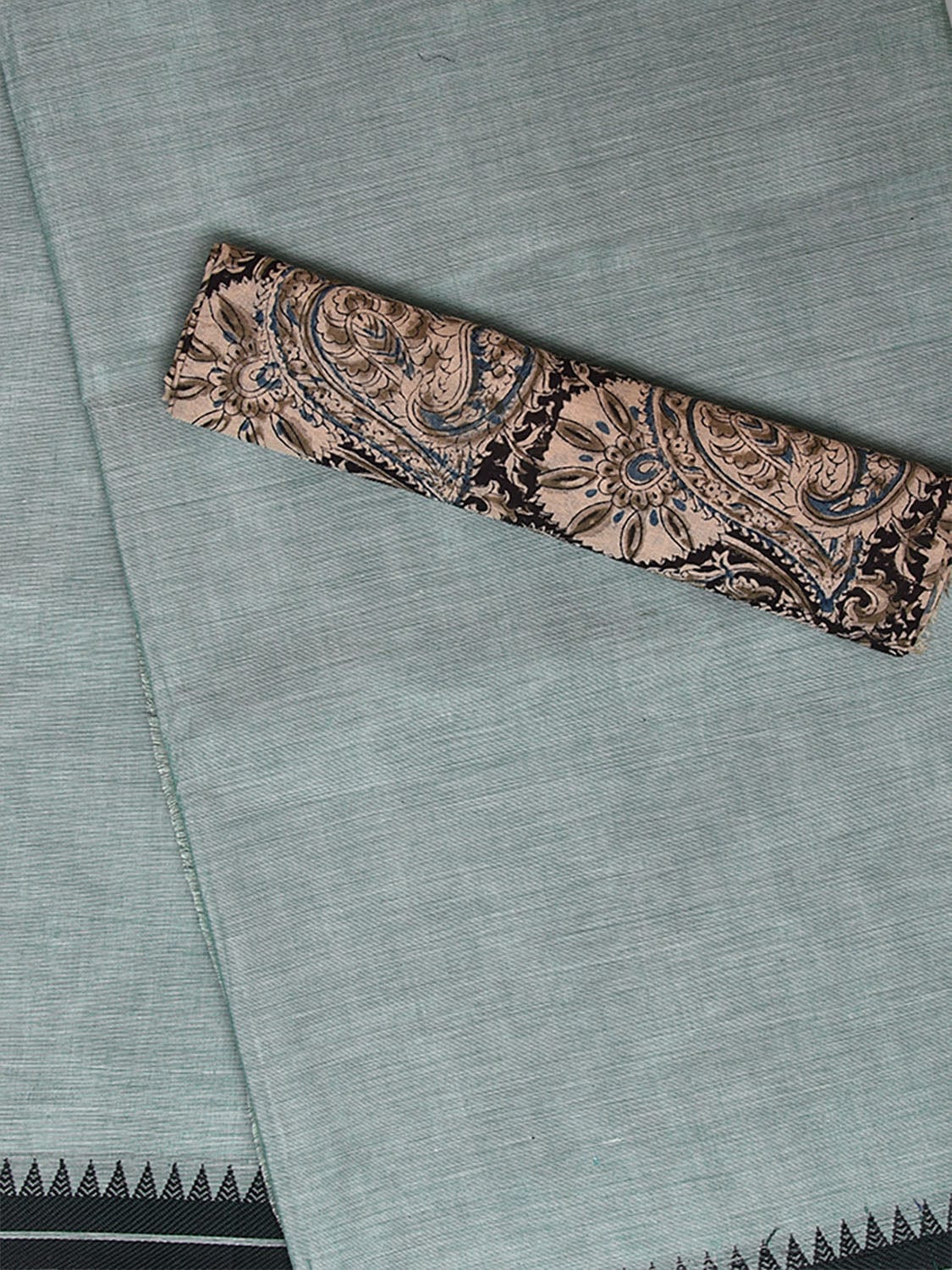 Light Blue Kanchipuram Cotton Plain Saree with Strips Pallu Design Kalamkari Blouse k0833