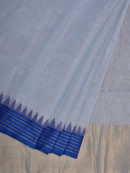 Light Blue Khadi Cotton Handloom Plain Saree with Strip Border Design kh0577