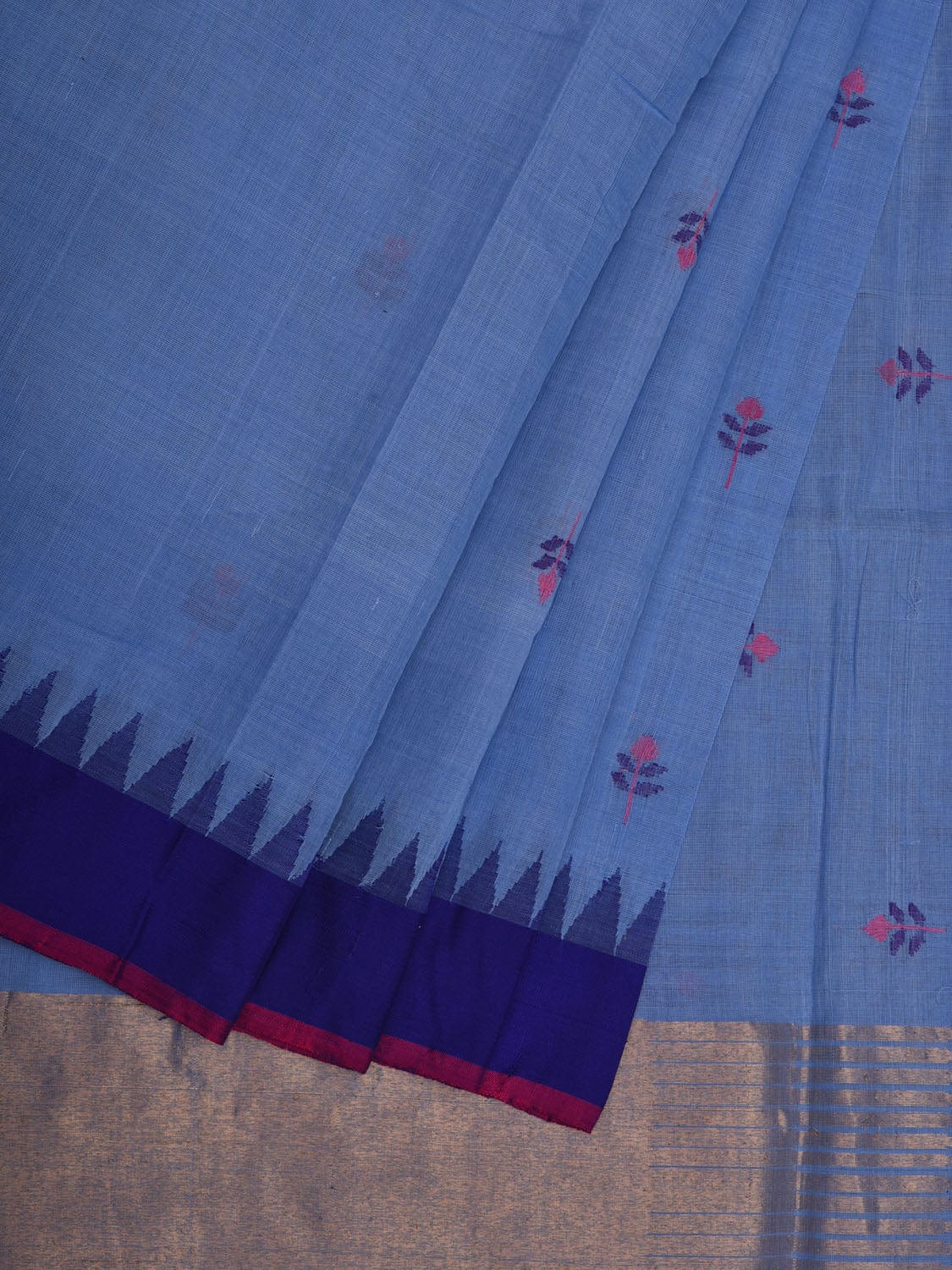 Light Blue Khadi Cotton Handloom Saree with Jamdani Buta and Temple Border Design kh0575