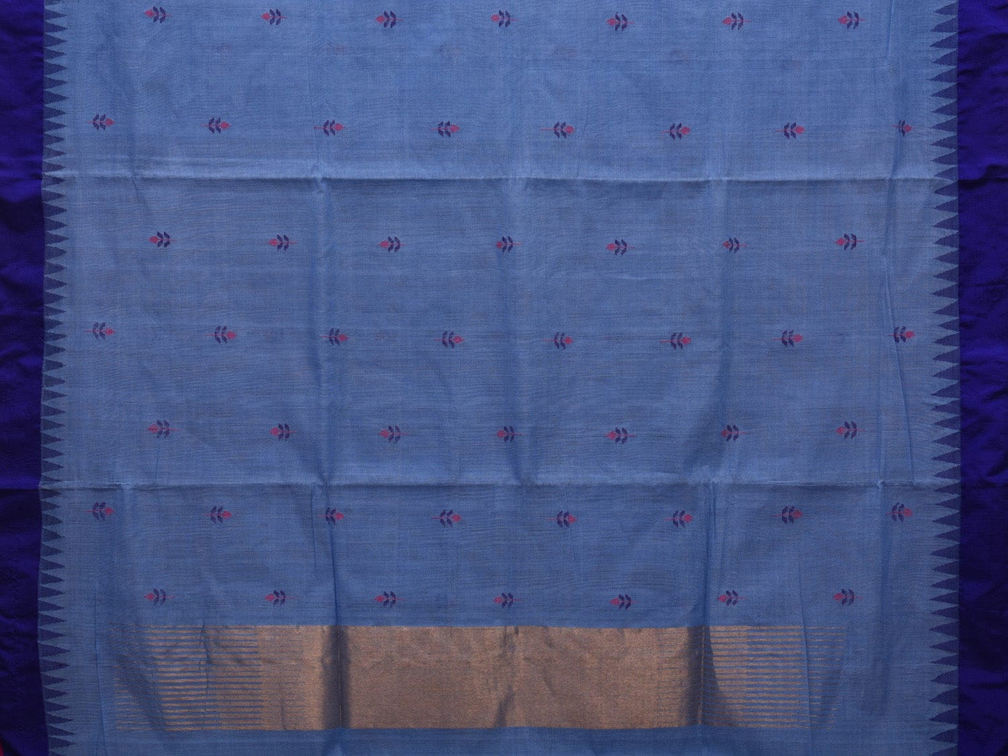 Light Blue Khadi Cotton Handloom Saree with Jamdani Buta and Temple Border Design kh0575