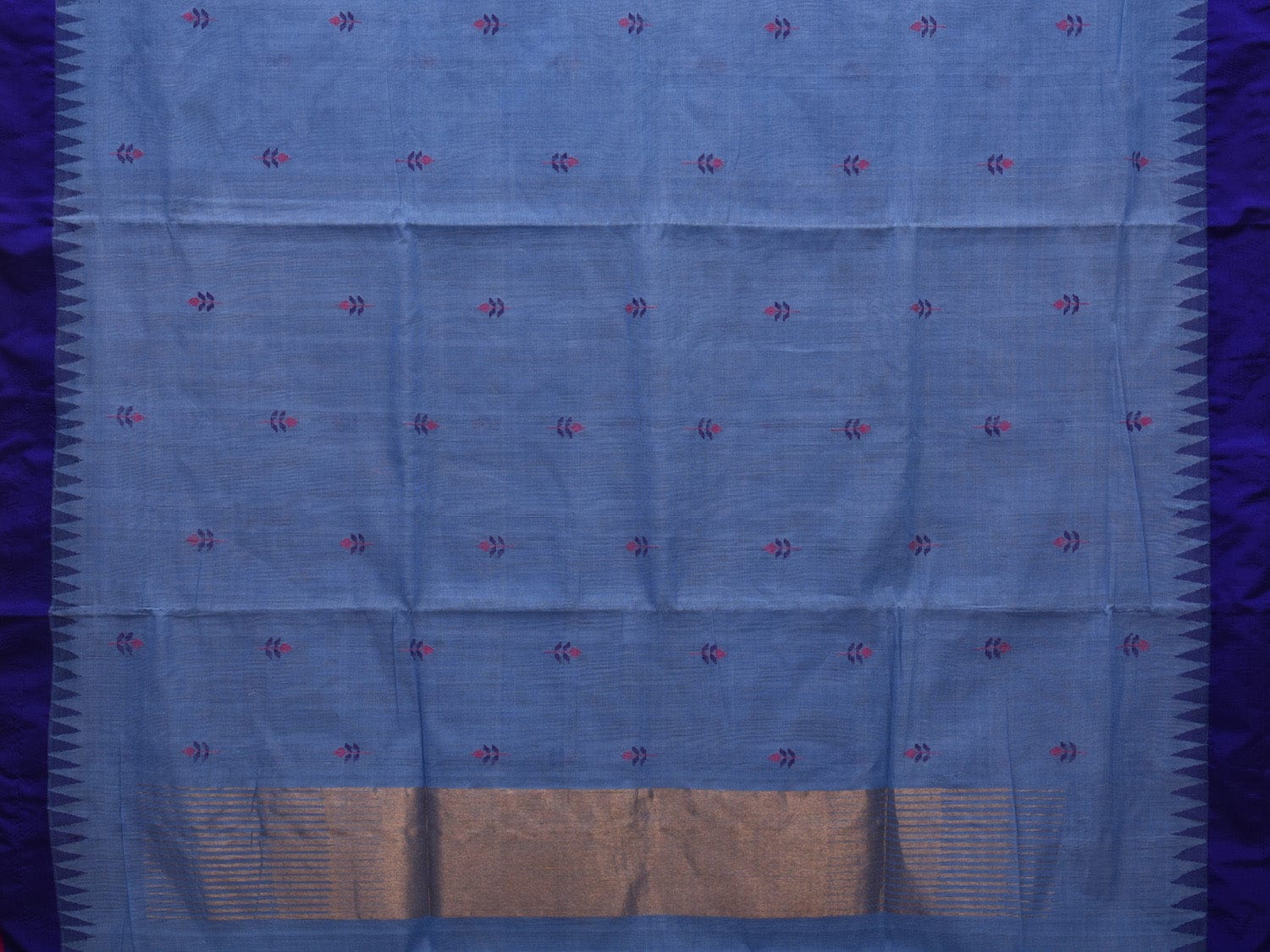 Light Blue Khadi Cotton Handloom Saree with Jamdani Buta and Temple Border Design kh0575