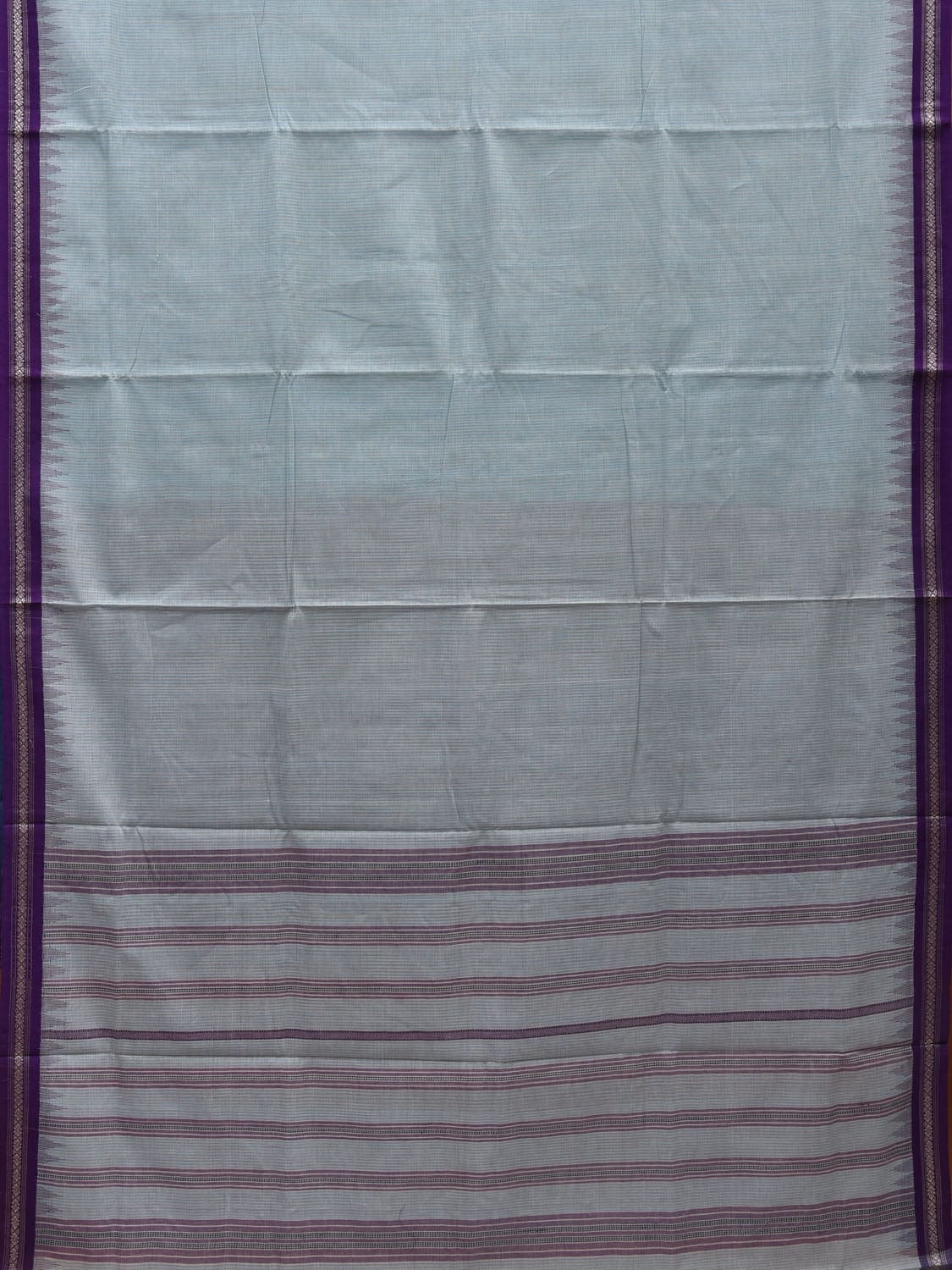 Light Blue Khadi Cotton Handloom Saree with Strips and Temple Border Design kh0537
