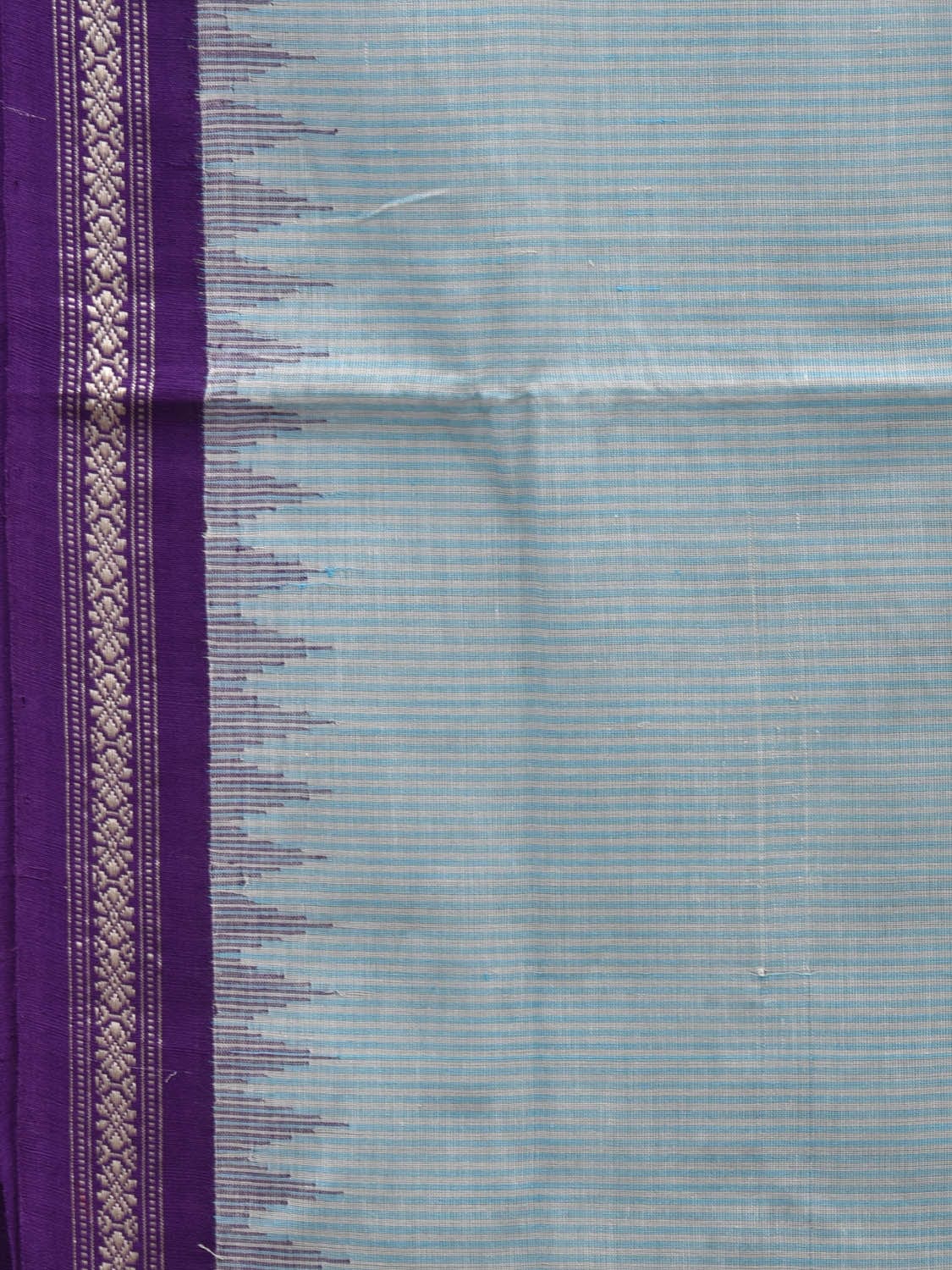 Light Blue Khadi Cotton Handloom Saree with Strips and Temple Border Design kh0537