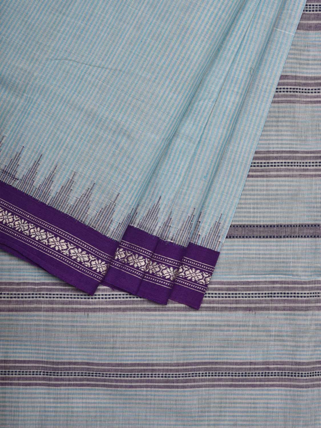 Light Blue Khadi Cotton Handloom Saree with Strips and Temple Border Design kh0537