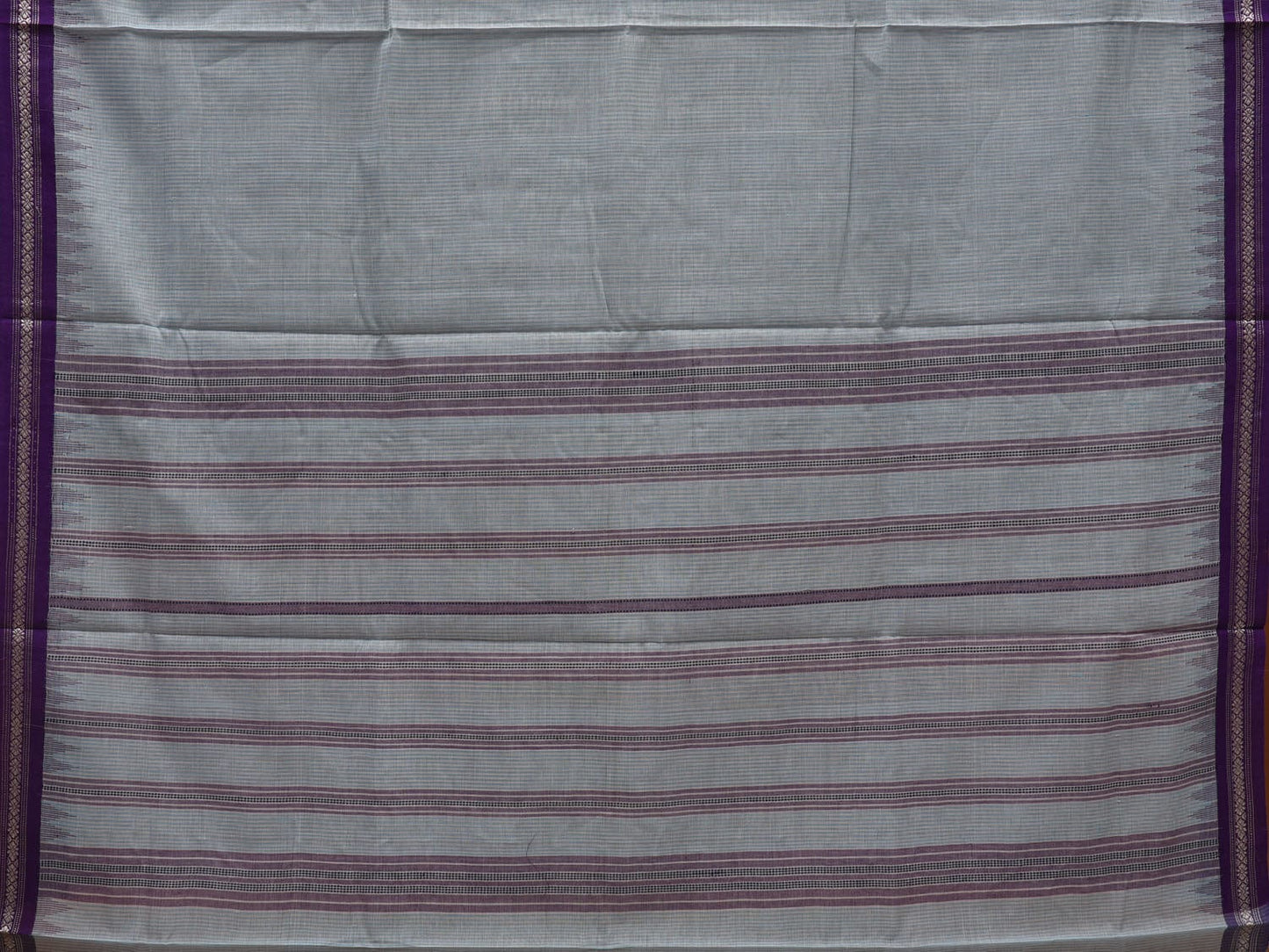 Light Blue Khadi Cotton Handloom Saree with Strips and Temple Border Design kh0537