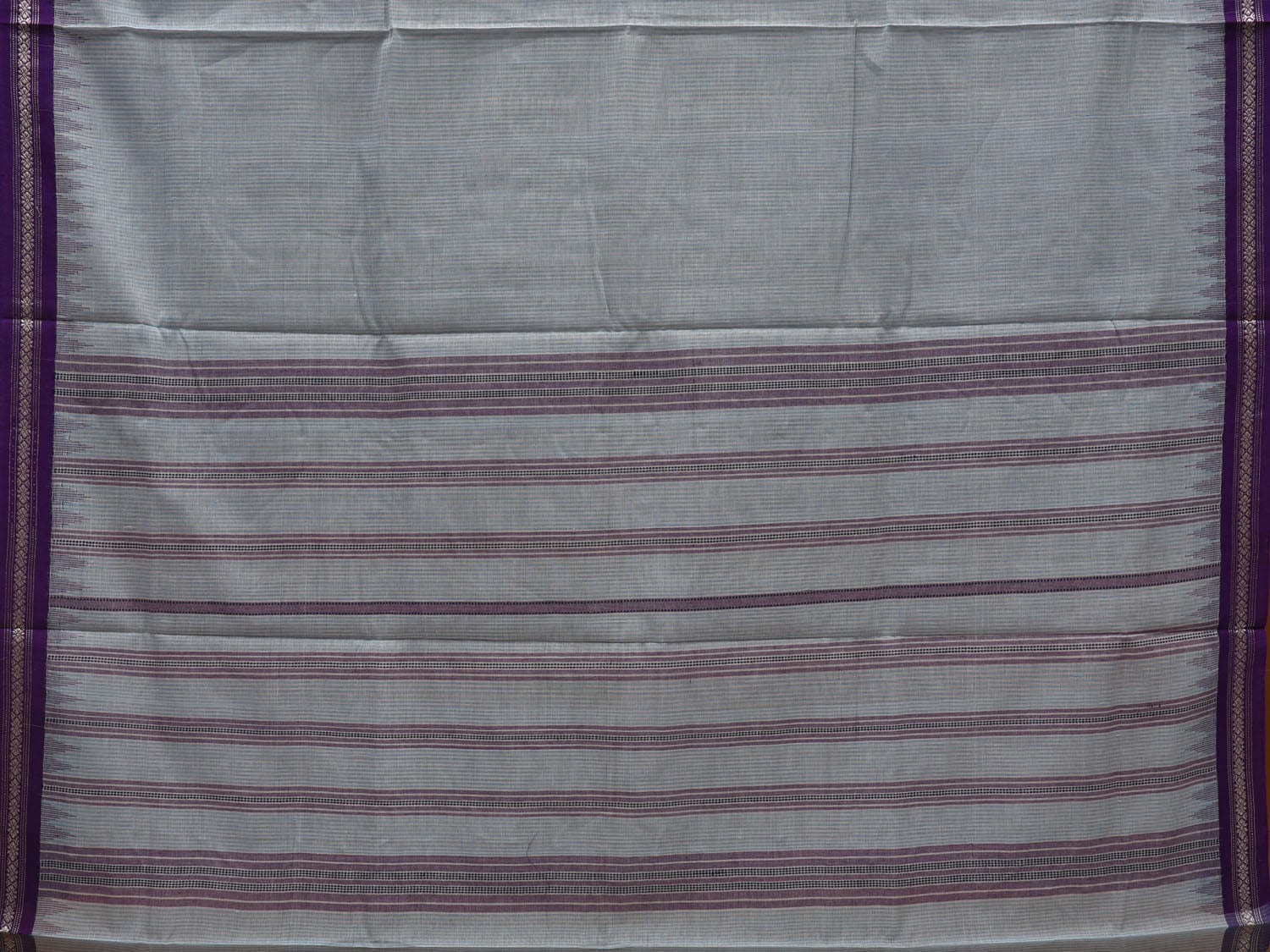 Light Blue Khadi Cotton Handloom Saree with Strips and Temple Border Design kh0537
