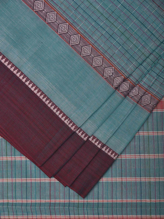 Light Blue Narayanpet Cotton Handloom Saree with Checks and Big Border Design No Blouse np0892