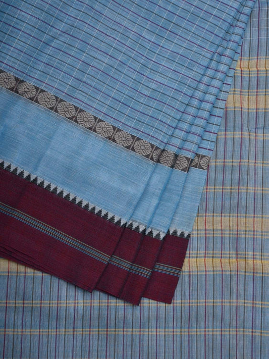 Light Blue Narayanpet Cotton Handloom Saree with Checks Design No Blouse np0530