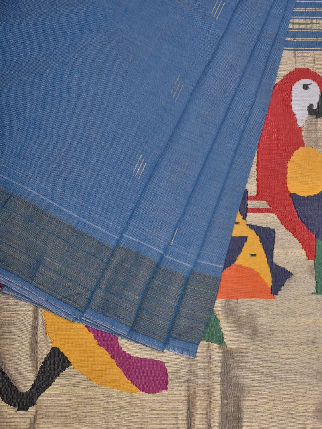 Light Blue Paithani Cotton Handloom Saree with Parrots and Lotus Pallu Design p0457
