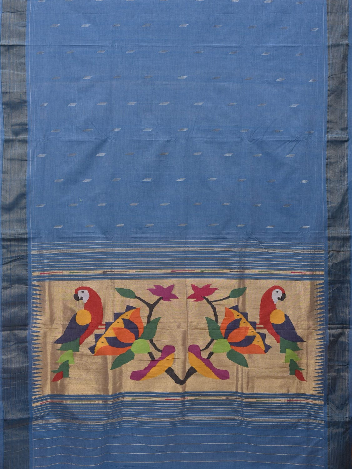 Light Blue Paithani Cotton Handloom Saree with Parrots and Lotus Pallu Design p0457