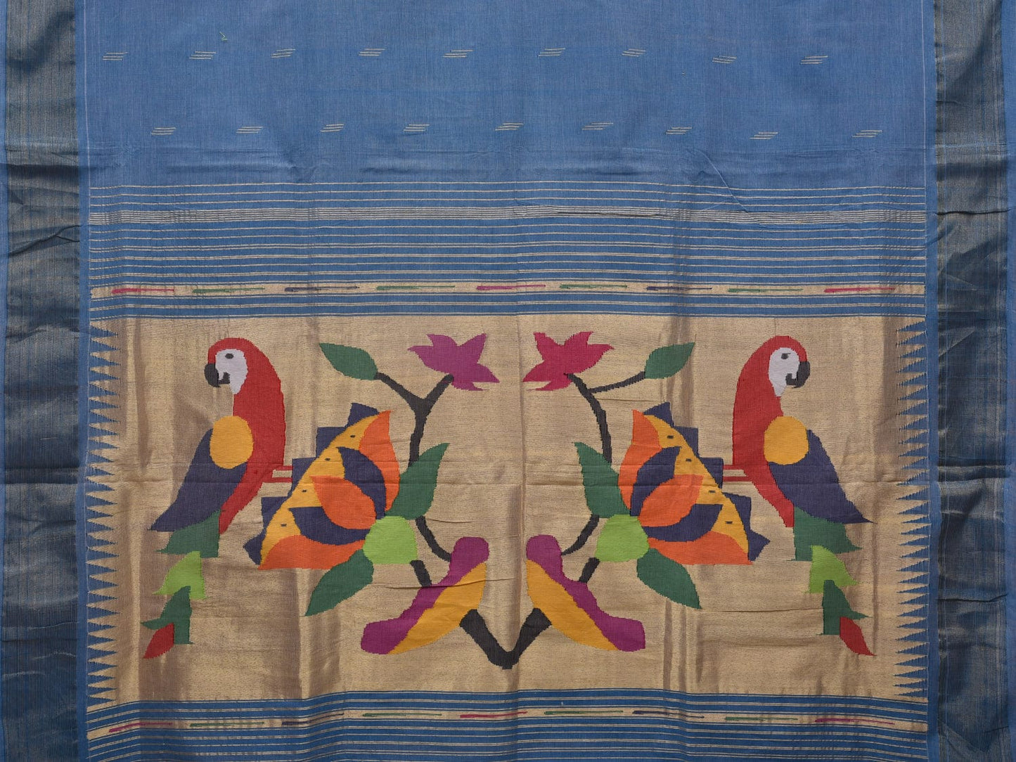 Light Blue Paithani Cotton Handloom Saree with Parrots and Lotus Pallu Design p0457