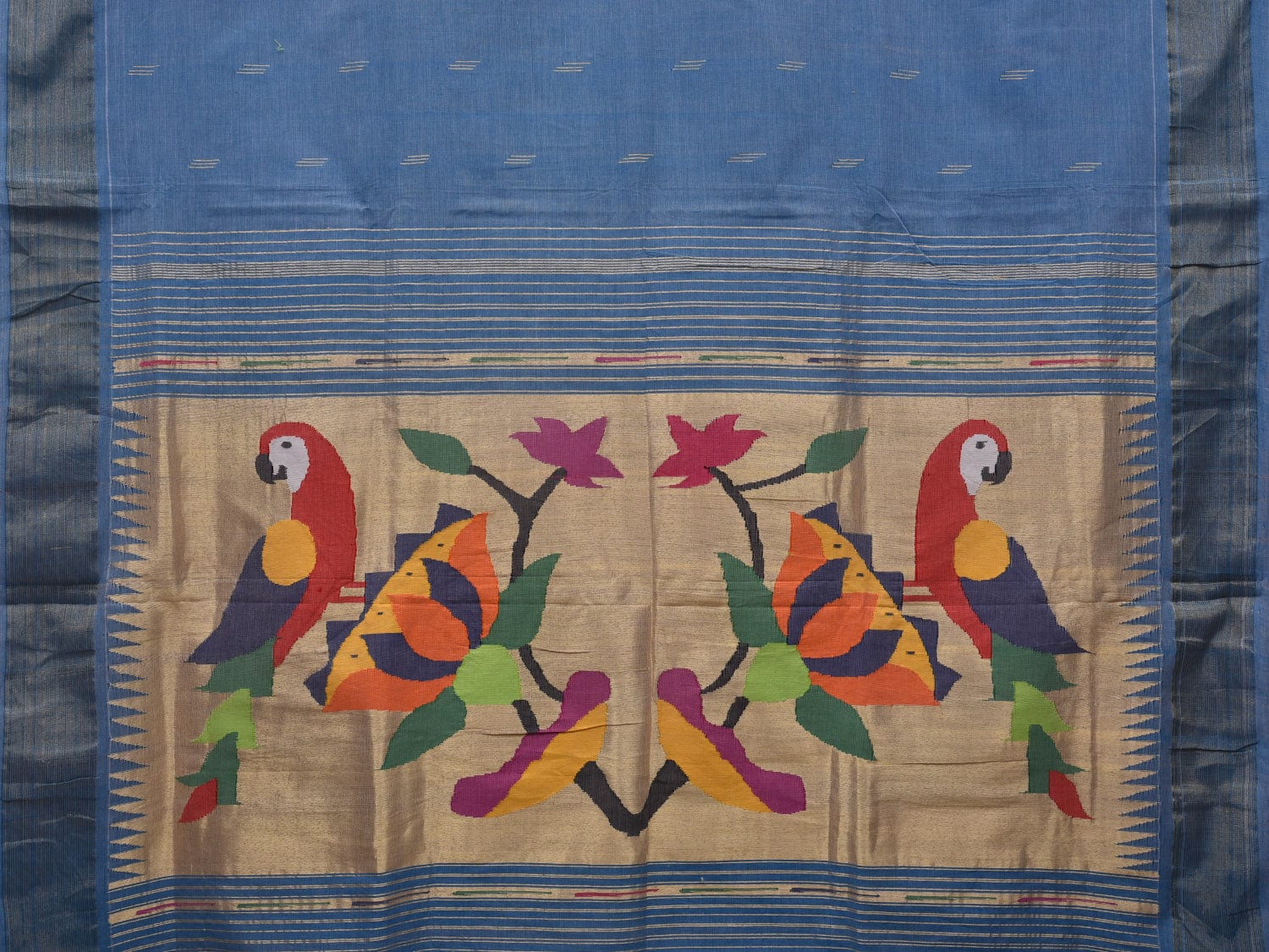 Light Blue Paithani Cotton Handloom Saree with Parrots and Lotus Pallu Design p0457