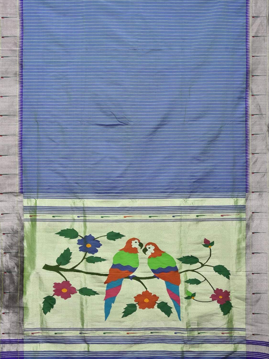 Light Blue Paithani Silk Handloom Saree with Strips and Muniya Border Design p0357