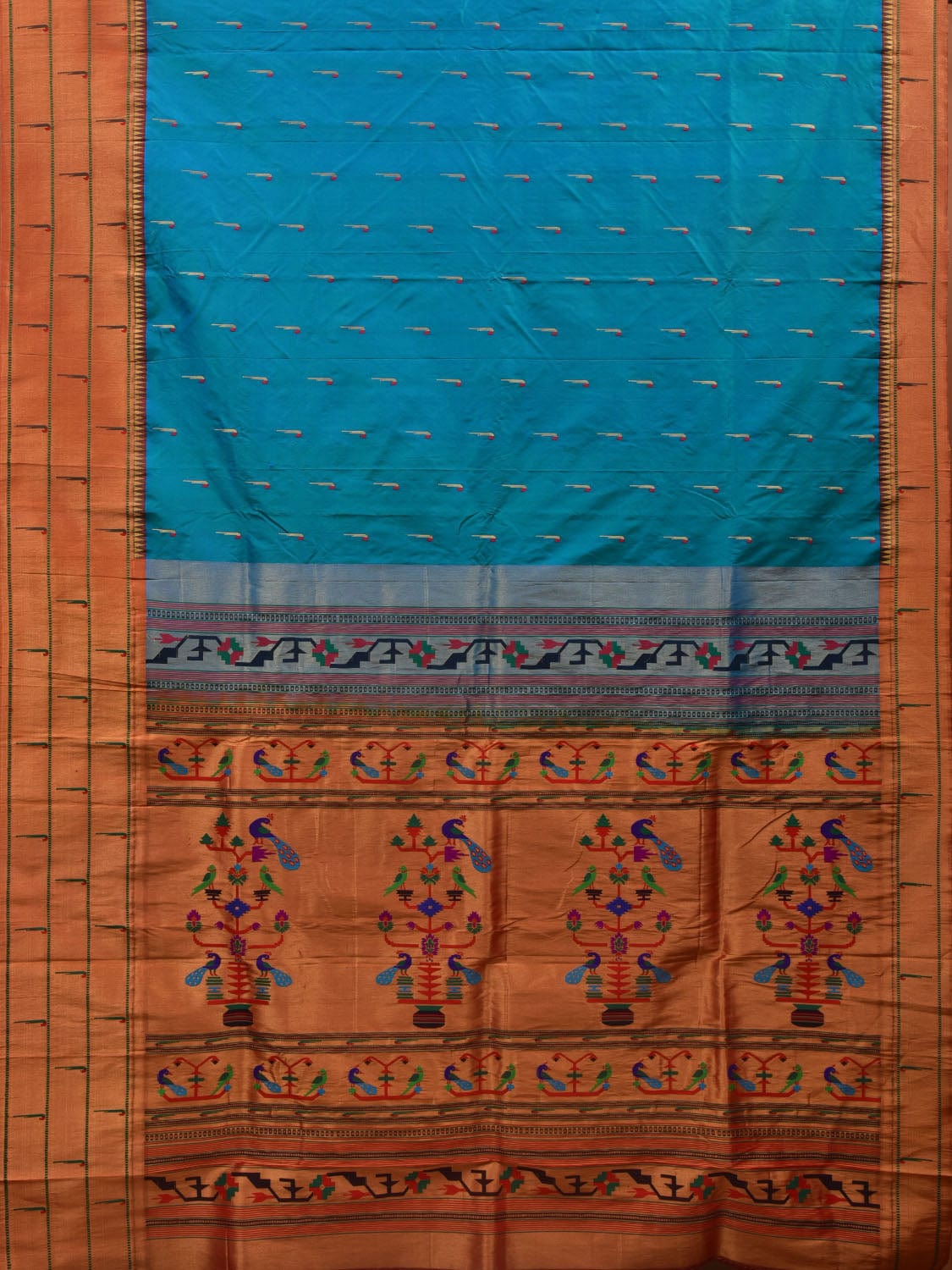 Light Blue Paithani Silk Handloom Saree with Triple Muniya Border Design p0445