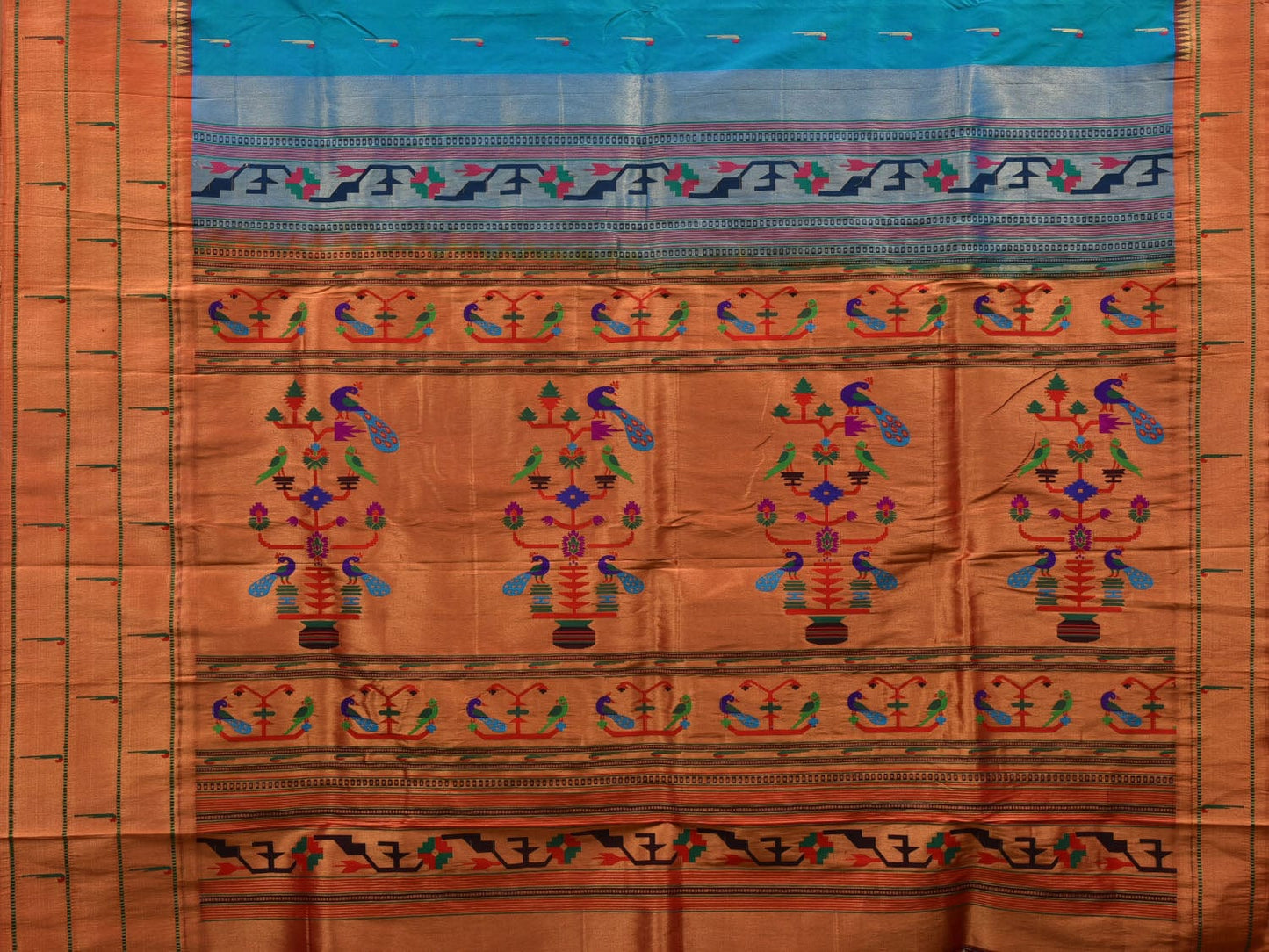 Light Blue Paithani Silk Handloom Saree with Triple Muniya Border Design p0445