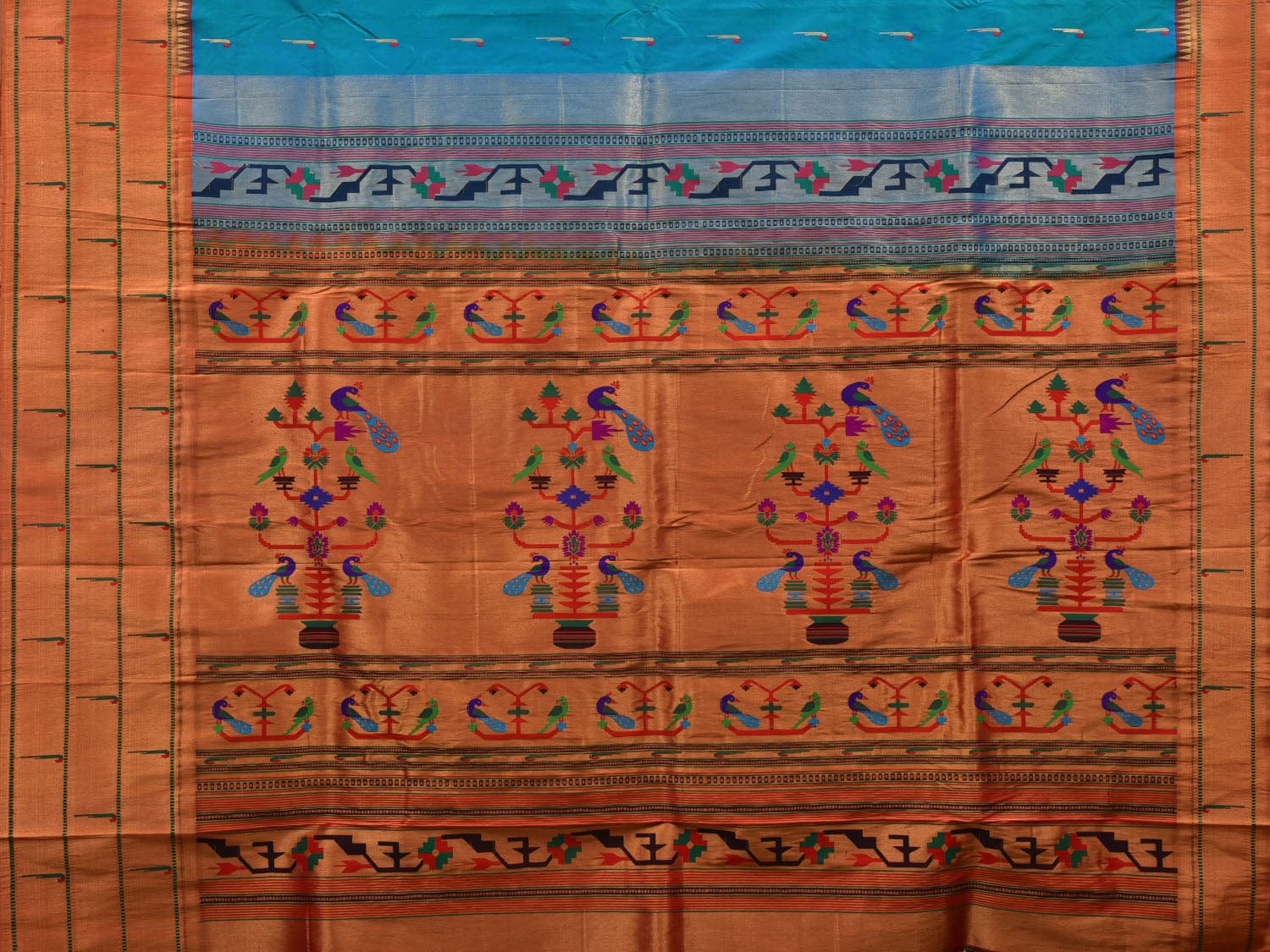 Light Blue Paithani Silk Handloom Saree with Triple Muniya Border Design p0445