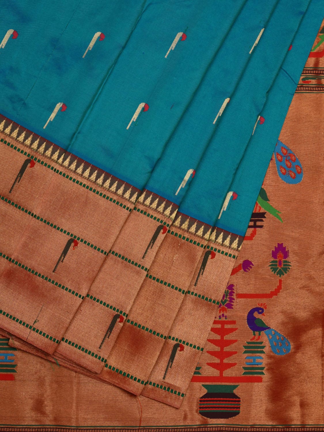 Light Blue Paithani Silk Handloom Saree with Triple Muniya Border Design p0445