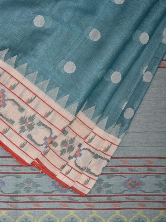 Light Blue Paithani Tussar Handloom Saree with Aakruti Border Design p0493