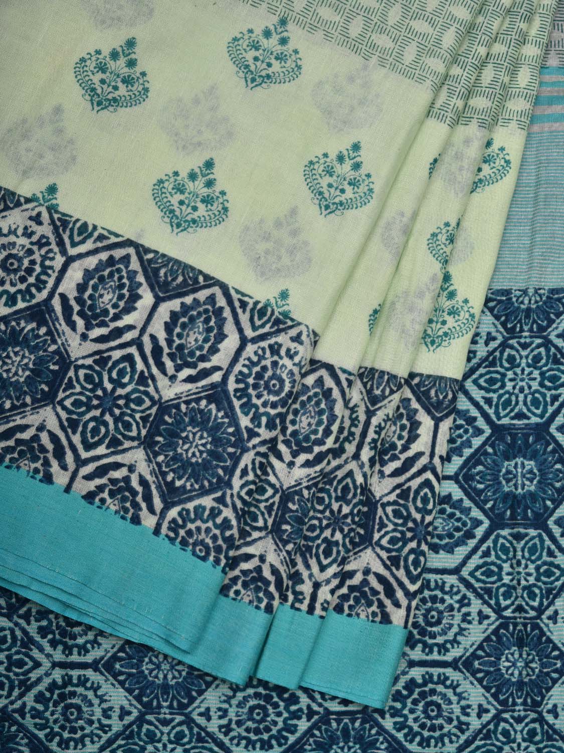 Light Blue Printed Cotton Handloom Saree with One Side Border Design o0309