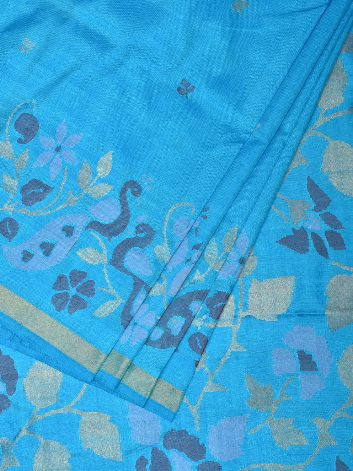 Light Blue Uppada Silk Handloom Saree with One Side Peacocks Border Design u2103